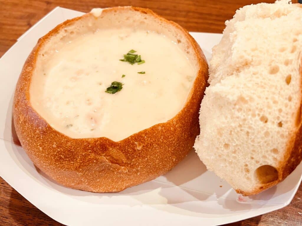 Clam Chowder soup in a sourdough bread bowl