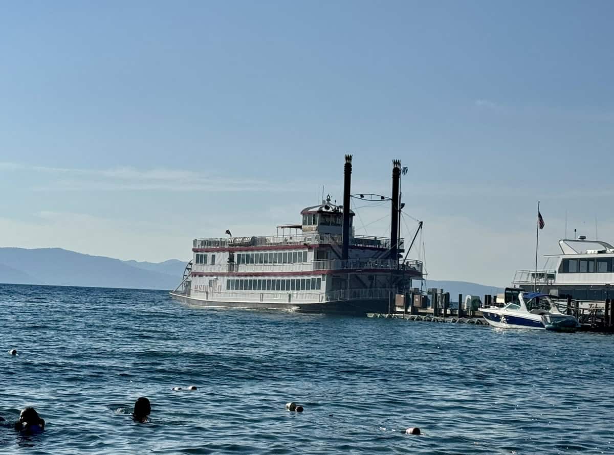 A huge cruise boat docked at marina in Lake Tahoe