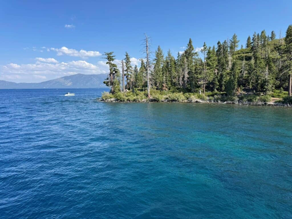 Scenic view of Lake Tahoe with mountains and trees in the background