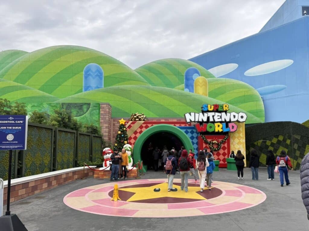 Colorful entrance to Super Nintendo World in Lower Lot