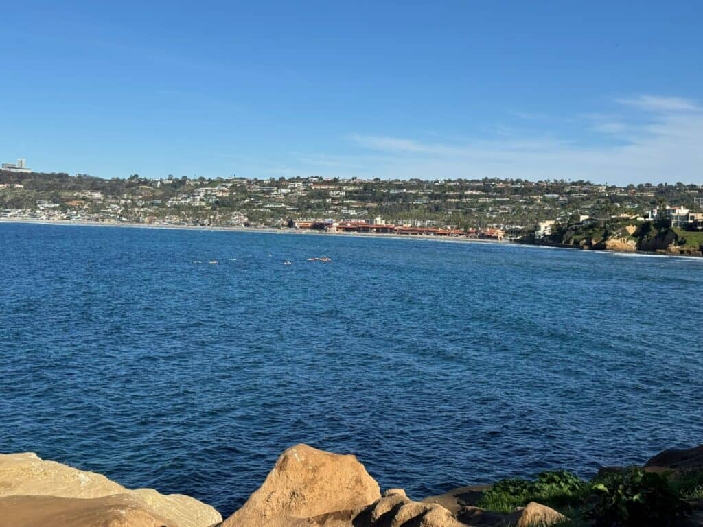 LA Jolla Shores Beach seen at a distance from the Cove
