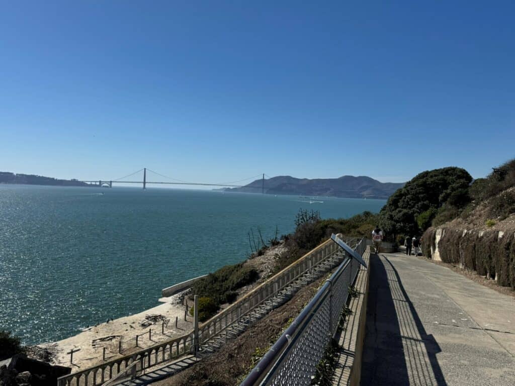 Walking trails on Alcatraz Island with views of the city, bay and Golden Gate Bridge